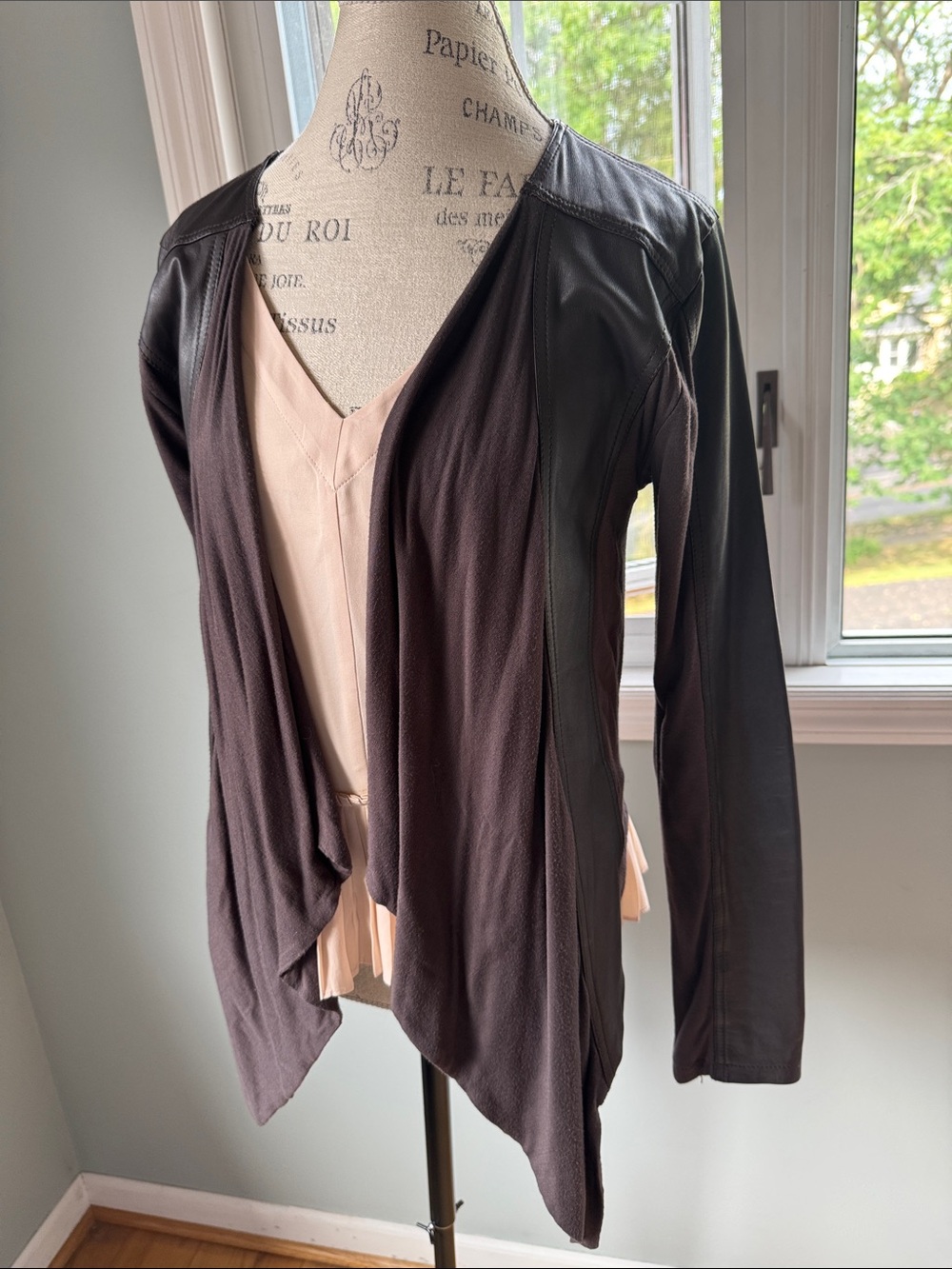 Gold Hawk chocolate brown leather multi media waterfall jacket cardigan Medium